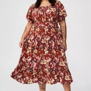 Torrid Burgundy Red Floral Washable Challis Off-Shoulder Tea Dress